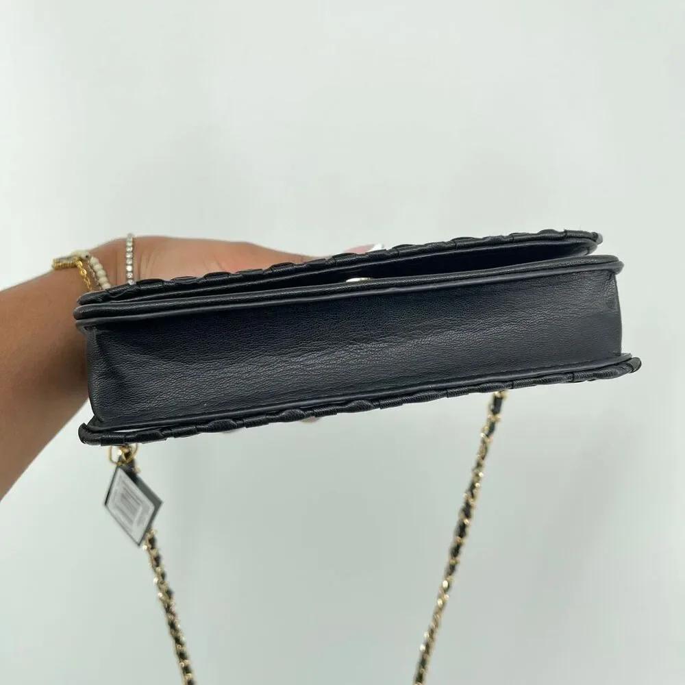 Bebe Yara Woven Vegan Leather Crossbody Bag Black Gold Chain NWT